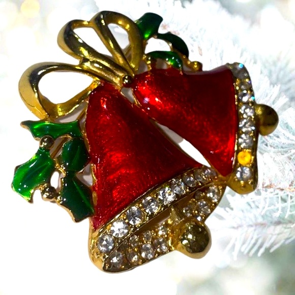 Vintage
Red Christmas Bells Gold Brooch Retro Holiday Pin Christmas Jewelry - Picture 2 of 4